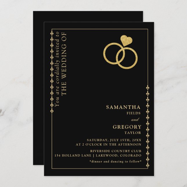 Gold Glitter Ring Minimalist Wedding Invitation (Front/Back)