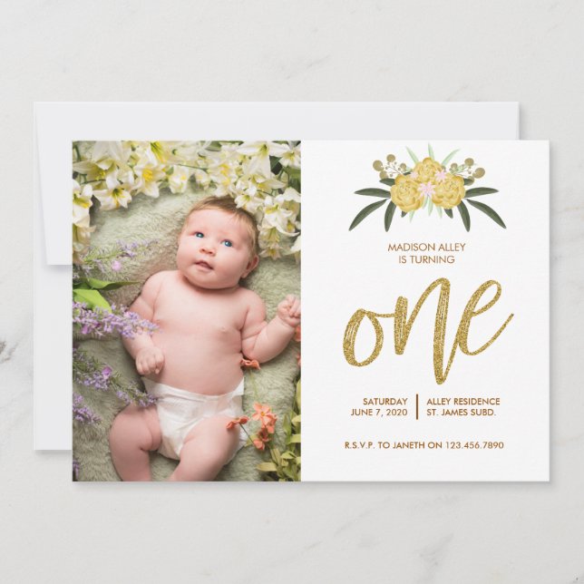 Gold Glitter Rose & Botanical Leaves 1st Birthday Invitation (Front)