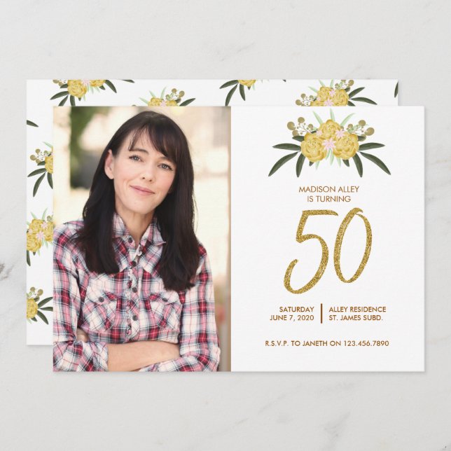 Gold Glitter Rose & Botanical Leaves 50th Birthday Invitation (Front/Back)