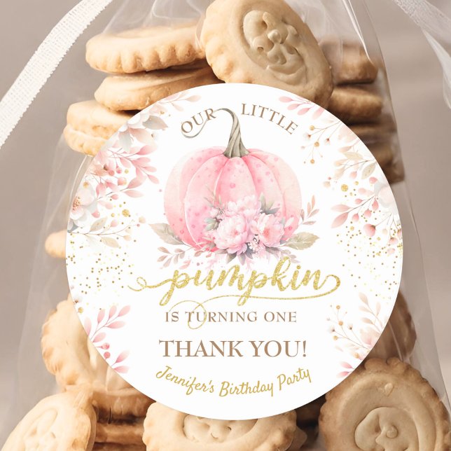 Gold Glitter Rose Floral Girl Pumpkin 1st Birthday Classic Round Sticker (Creator Uploaded)