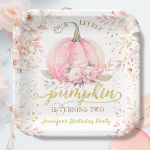 Gold Glitter Rose Floral Girl Pumpkin 2nd Birthday Paper Plate