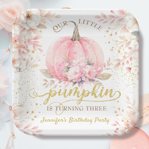 Gold Glitter Rose Floral Girl Pumpkin 3rd Birthday Paper Plate