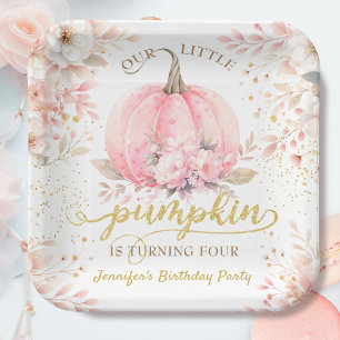 Gold Glitter Rose Floral Girl Pumpkin 4th Birthday Paper Plate