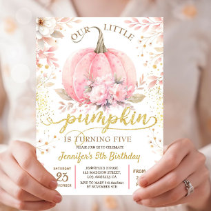 Gold Glitter Rose Floral Girl Pumpkin 5th Birthday Invitation