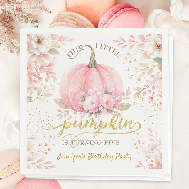 Gold Glitter Rose Floral Girl Pumpkin 5th Birthday Napkin (Creator Uploaded)