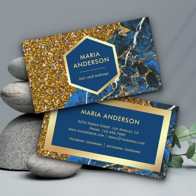 Gold Glitter Royal Blue Marble Makeup Artist Business Card (Creator Uploaded)