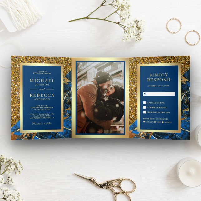 Gold Glitter Royal Blue Marble Photo Wedding Tri-Fold Invitation (Creator Uploaded)