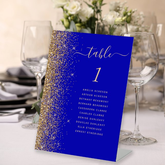 Gold Glitter Royal Blue Wedding Table Number Pedestal Sign (Creator Uploaded)