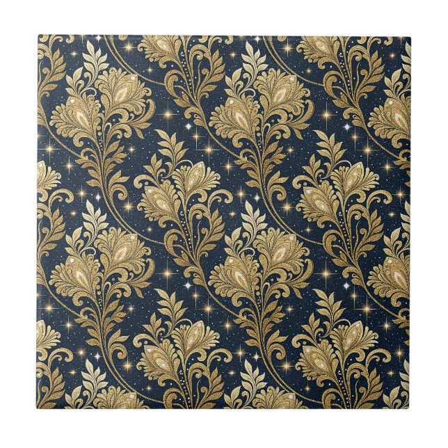 Gold Glitter Royal Palace Floral Damask Pattern Tile (Front)