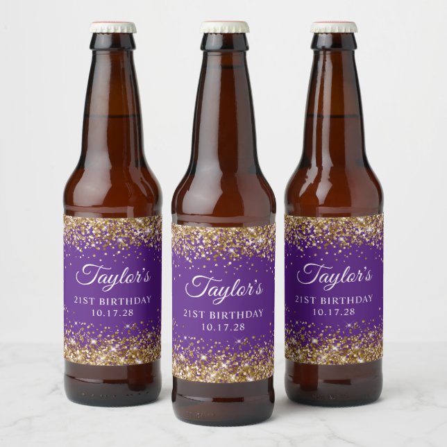 Gold Glitter Royal Purple 21st Birthday Beer Bottle Label (Bottles)
