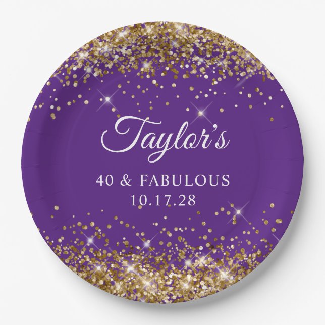 Gold Glitter Royal Purple 40 & Fabulous Paper Plate (Front)