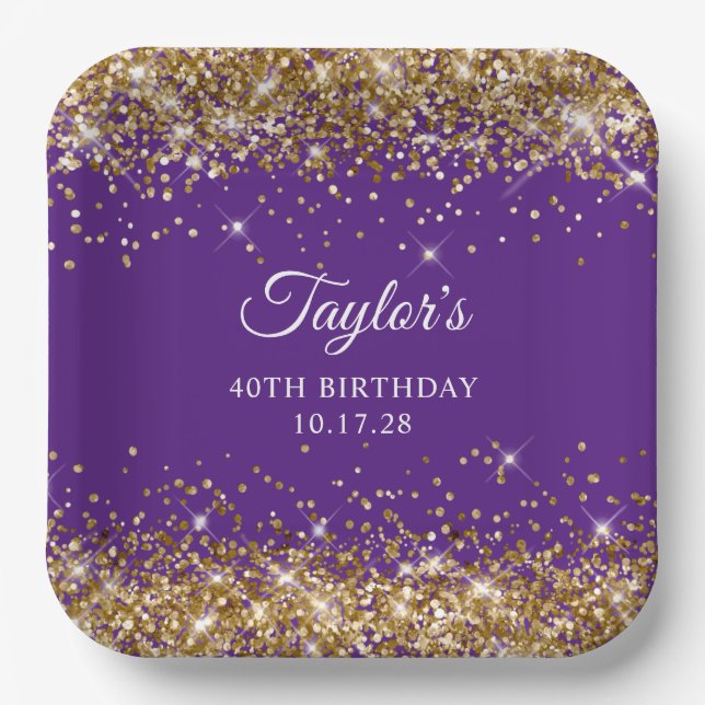 Gold Glitter Royal Purple 40th Birthday Paper Plate (Front)
