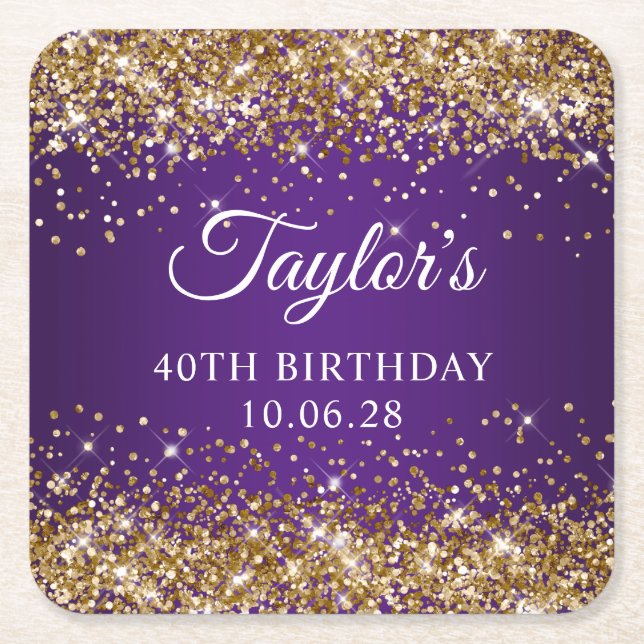 Gold Glitter Royal Purple 40th Birthday Square Paper Coaster (Front)