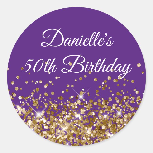 Gold Glitter Royal Purple 50th Birthday Classic Round Sticker (Front)