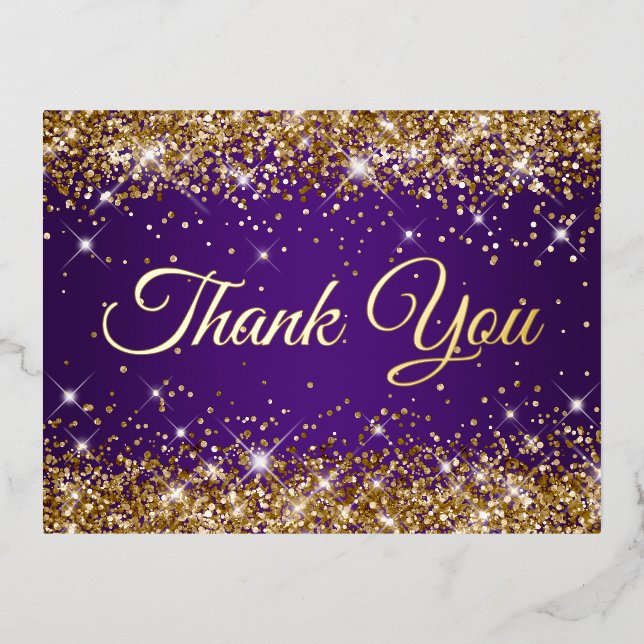 Gold Glitter Royal Purple 50th Birthday Thank You Foil Invitation Postcard (Front)