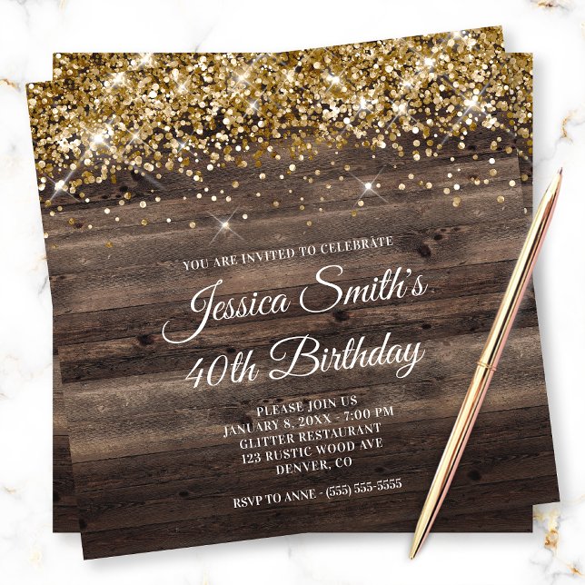 Gold Glitter Rustic Bistre Brown Wood Birthday Invitation (Creator Uploaded)