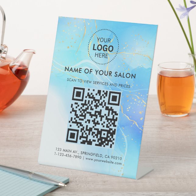 Gold Glitter Salon Business QR Code and Logo Pedestal Sign (In SItu)
