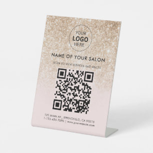 Gold Glitter Salon Business QR Code and Logo Pedestal Sign