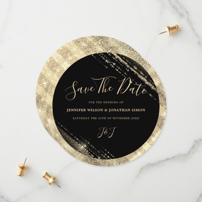Gold Glitter Save the date Black Invitation (Front/Back In Situ)