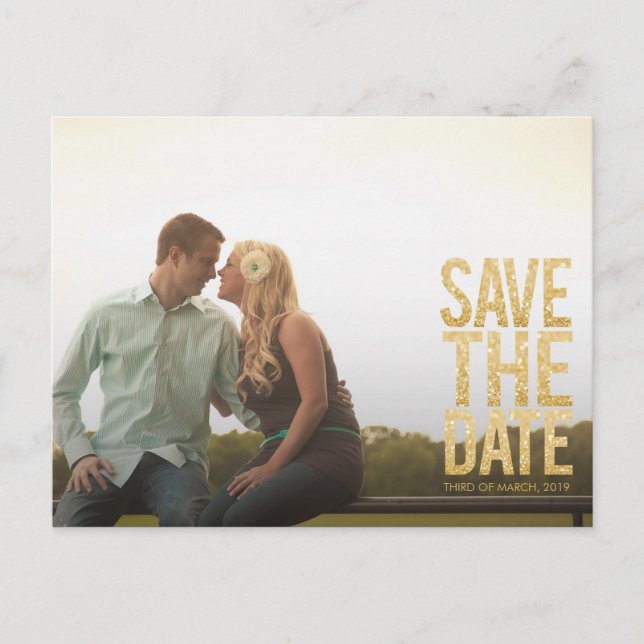 Gold Glitter Save the Date Typography Announcement (Front)