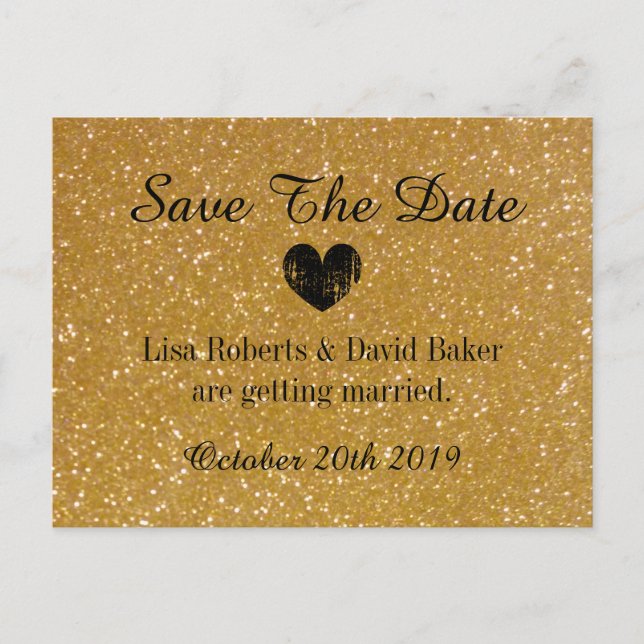 Gold glitter Save the date wedding postcard (Front)