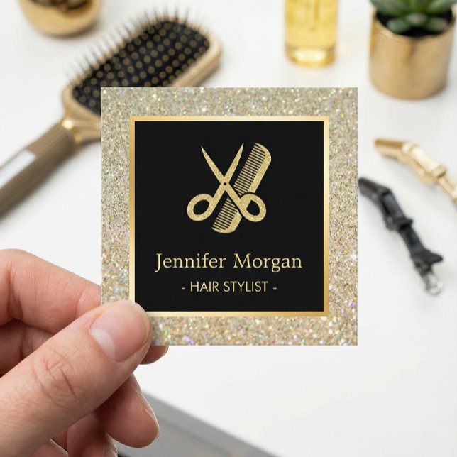 Gold Glitter Scissors Comb Hair Stylist Hair Salon Square Business Card (Creator Uploaded)