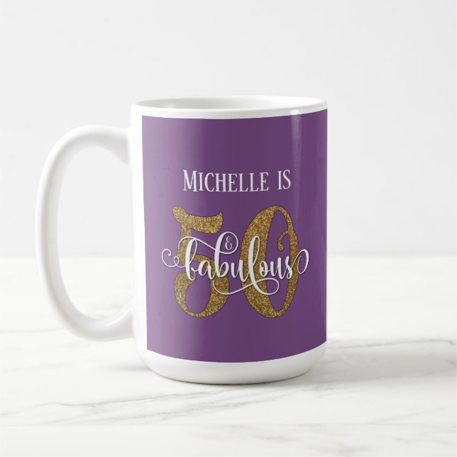 Gold Glitter Script 50 & Fabulous Over Purple Coffee Mug (Left)
