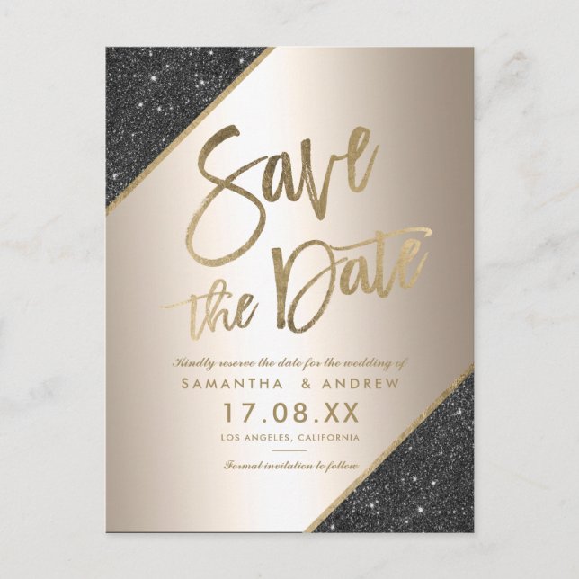 Gold glitter script black metallic save the date announcement postcard (Front)