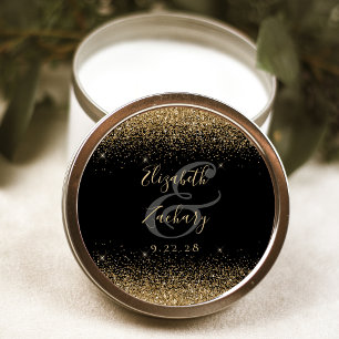 Gold Glitter Script Black Wedding Classic Round Sticker