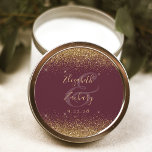 Gold Glitter Script Burgundy Wedding Classic Round Sticker<br><div class="desc">This elegant modern wedding sticker features a faux gold glitter design on the top and bottom edge. Easily customise the gold-coloured text on a burgundy background,  with the names of the bride and groom in handwriting calligraphy over a large ampersand.</div>
