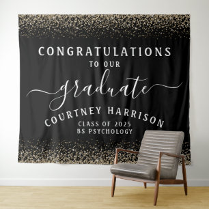 Gold Glitter Script Calligraphy Graduation   Black Tapestry