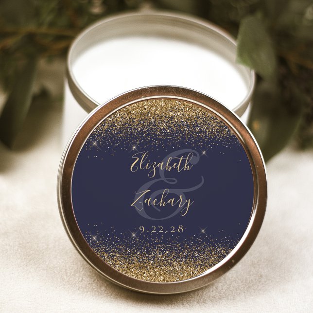 Gold Glitter Script Dark Blue Wedding Classic Round Sticker (Creator Uploaded)