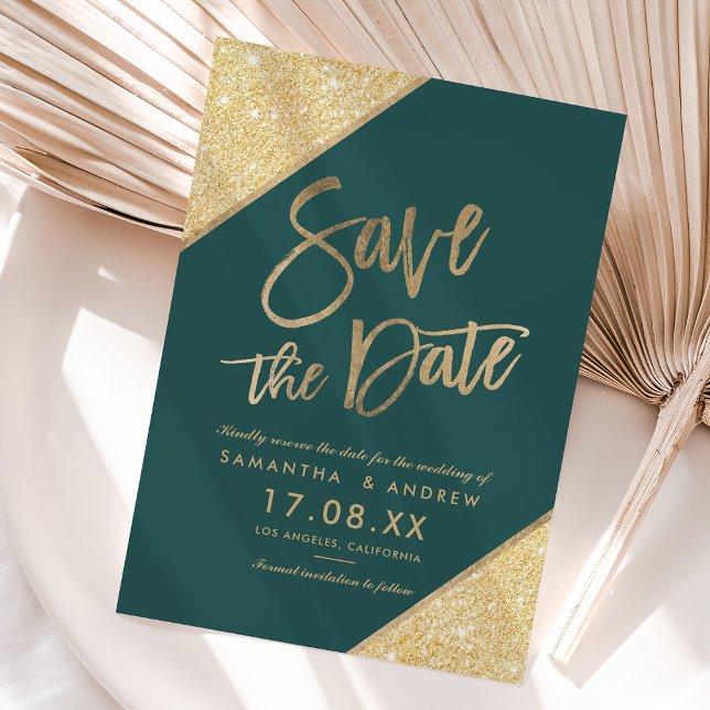 Gold glitter script emerald green save the date (Creator Uploaded)