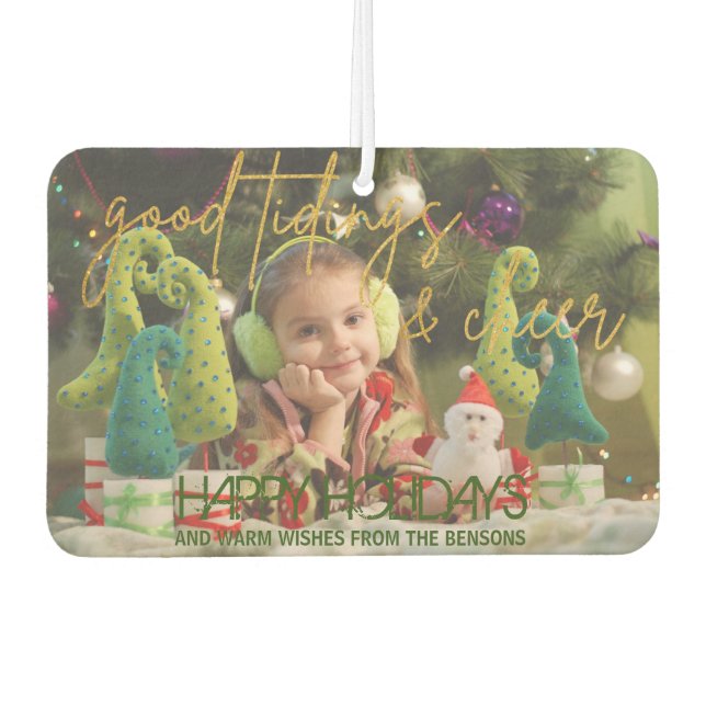 Gold Glitter Script Festive Christmas Photo Car Air Freshener (Front)
