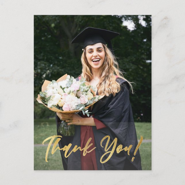 Gold Glitter Script Modern Photo Grad Thank You Postcard (Front)