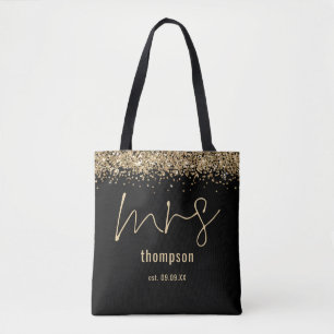 Gold Glitter Script Mrs Name Date Bride Black Tote Bag