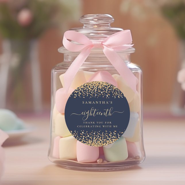 Gold Glitter Script Navy Blue 18th Party Thank You Classic Round Sticker (Creator Uploaded)