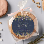 Gold Glitter Script Navy Blue 30th Party Thank You Classic Round Sticker<br><div class="desc">Gold Glitter Elegant Script Navy Blue Glam 30th Party Thank You. Sparkly glam for your favours in celebration of your thirtieth birthday, a faux glitter border is top and bottom on a classic navy blue, and thirtieth is in a stylish script with swashes. Easily personalise the text to your own...</div>