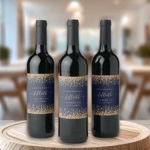 Gold Glitter Script Navy Blue Cheers 50th Party  Wine Label