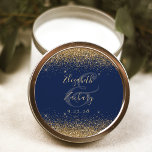 Gold Glitter Script Navy Blue Wedding Classic Round Sticker<br><div class="desc">This elegant modern wedding sticker features a faux gold glitter design on the top and bottom edge. Easily customise the gold-coloured text on a navy blue background,  with the names of the bride and groom in handwriting calligraphy over a large ampersand.</div>
