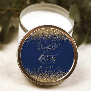 Gold Glitter Script Navy Blue Wedding Classic Round Sticker