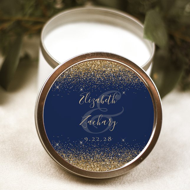 Gold Glitter Script Navy Blue Wedding Classic Round Sticker (Creator Uploaded)