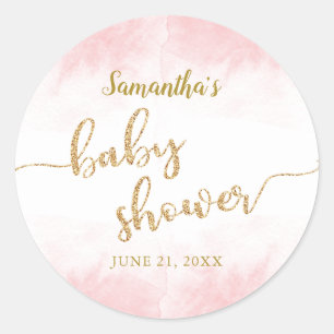  Gold Glitter Script Pink Watercolor Baby Shower Classic Round Sticker