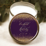 Gold Glitter Script Purple Wedding Classic Round Sticker<br><div class="desc">This elegant modern wedding sticker features a faux gold glitter design on the top and bottom edge. Easily customise the gold-coloured text on a purple background,  with the names of the bride and groom in handwriting calligraphy over a large ampersand.</div>