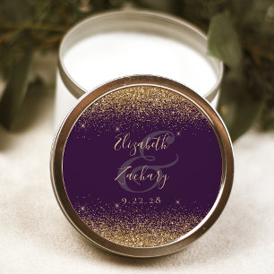 Gold Glitter Script Purple Wedding Classic Round Sticker