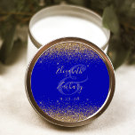 Gold Glitter Script Royal Blue Wedding Classic Round Sticker<br><div class="desc">This elegant modern wedding sticker features a faux gold glitter design on the top and bottom edge. Easily customise the gold-coloured text on a royal blue background,  with the names of the bride and groom in handwriting calligraphy over a large ampersand.</div>
