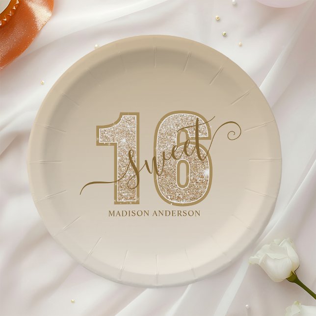 Gold Glitter Script Sweet 16 Birthday Paper Plate (Creator Uploaded)