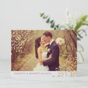Gold Glitter Scrollwork Monogram Wedding Photo Thank You Card