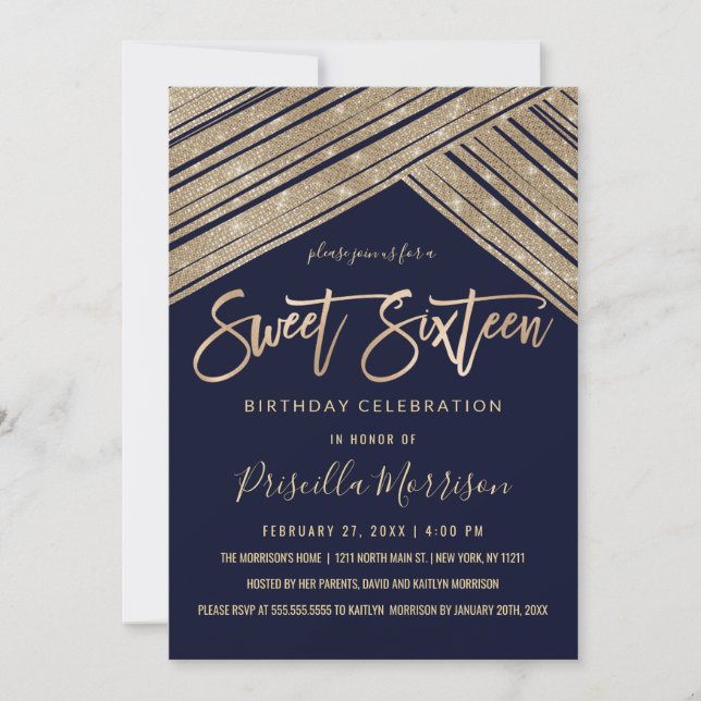 Gold Glitter Sequin Geometric Stripes Sweet 16 Invitation (Front)