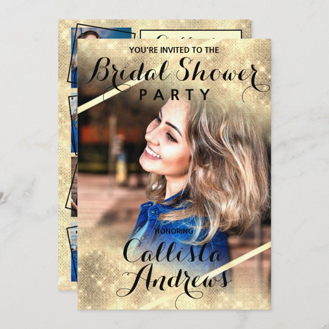 Gold Glitter Sequins Corners Photo Bridal Shower Invitation (Front/Back)